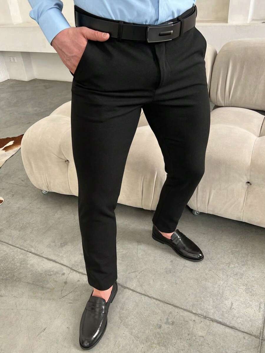 Manfinity Mode Men's Solid Color Zipper-Fly Straight Pants With Built-In Zipper Pocket