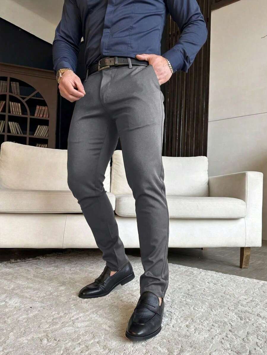 Manfinity Mode Men's Plain Pocket Minimalist Suit Pants, Casual Everyday Wear, Old Money Style