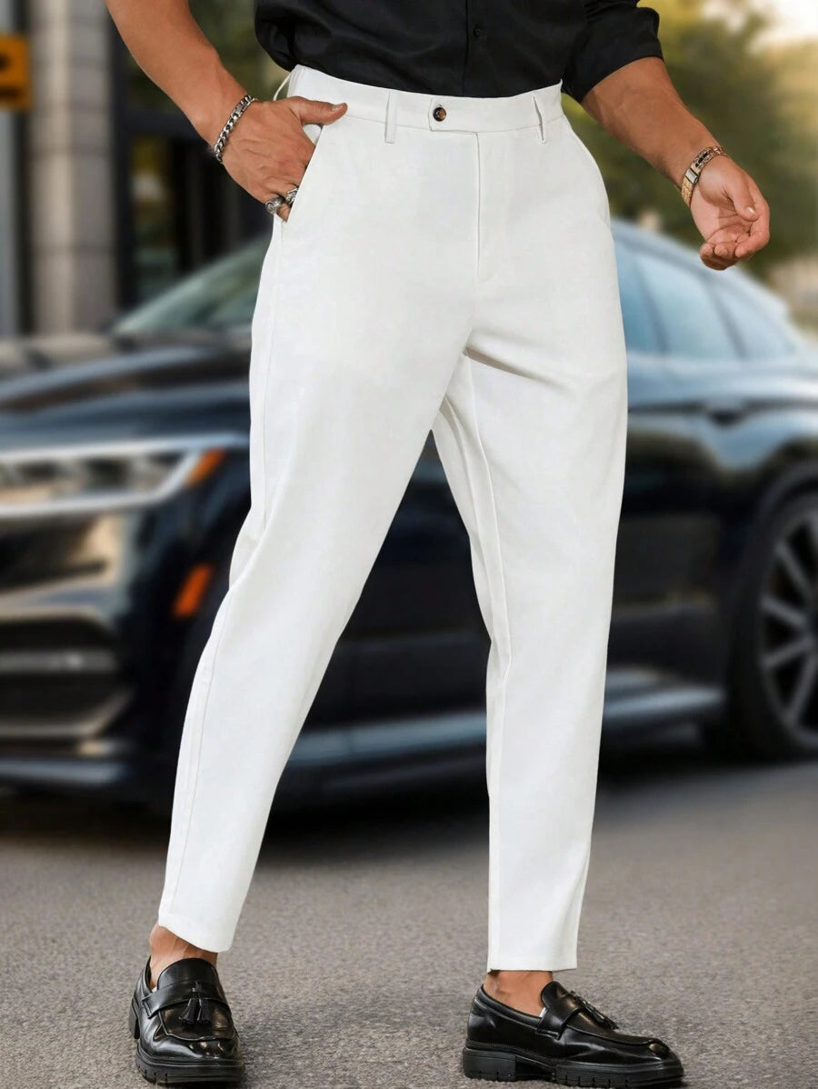 Manfinity Mode Men's Solid Color Simple Daily Slim Fit Suit Pants