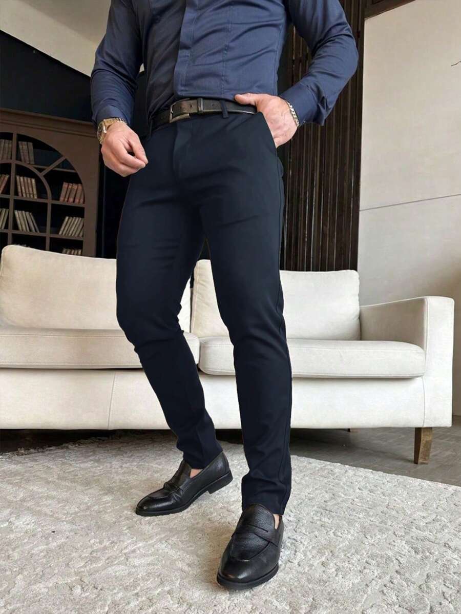 Manfinity Mode Men's Plain Pocket Minimalist Suit Pants, Casual Everyday Wear, Old Money Style