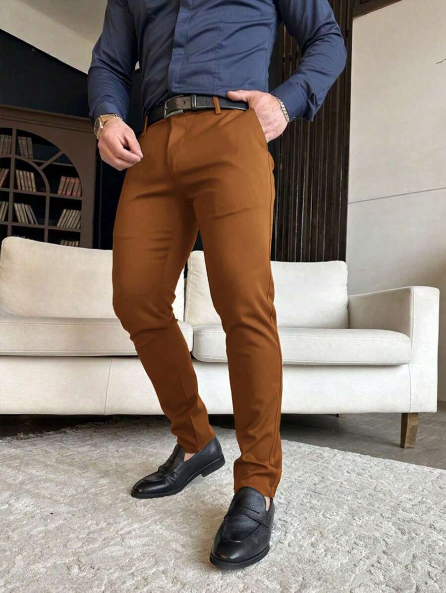 Manfinity Mode Men's Plain Pocket Minimalist Suit Pants, Casual Everyday Wear, Old Money Style