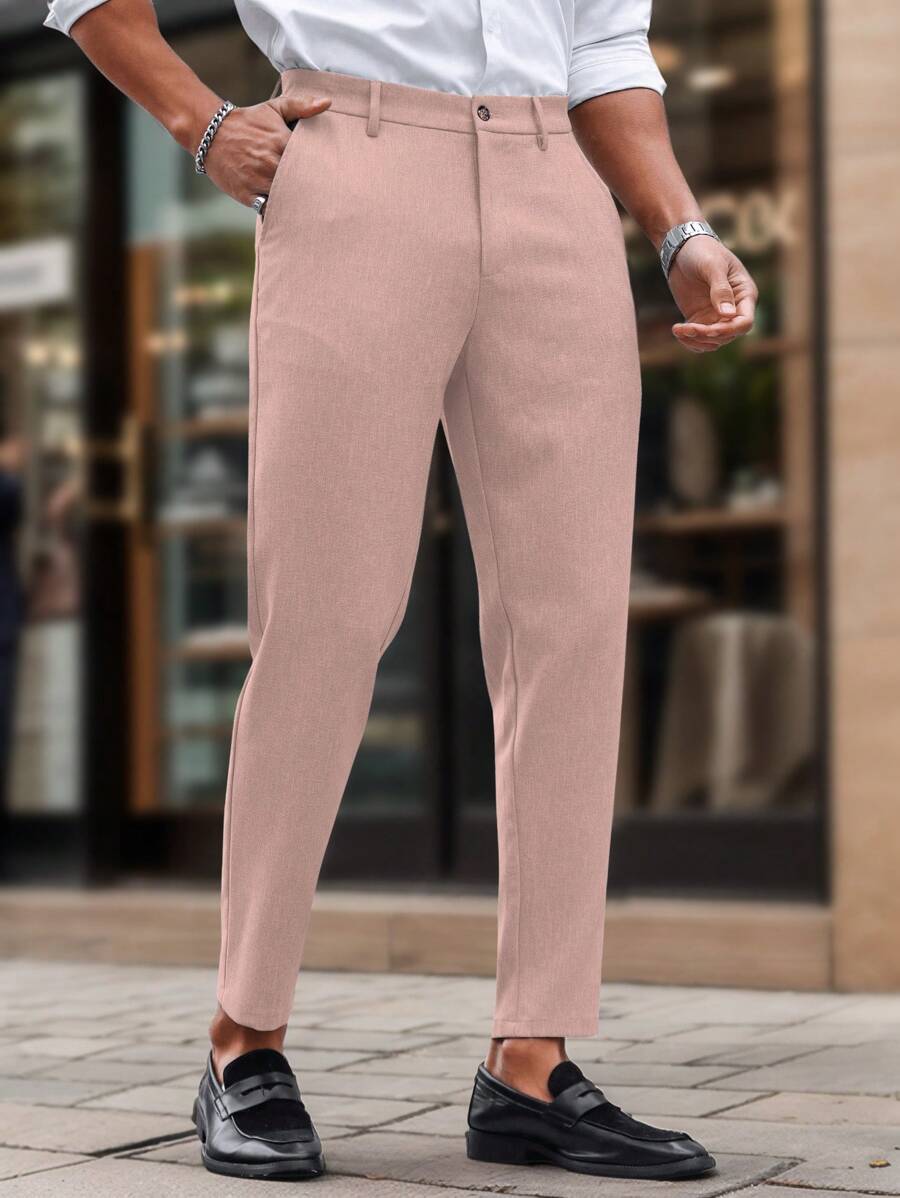 Manfinity Mode Solid Color Slim Fit Suit Pants With Pockets