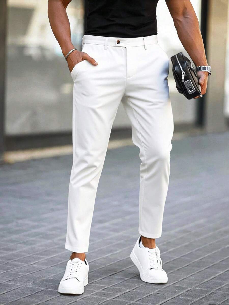 Manfinity Mode Men's Solid Color Simple Daily Slim Fit Suit Pants