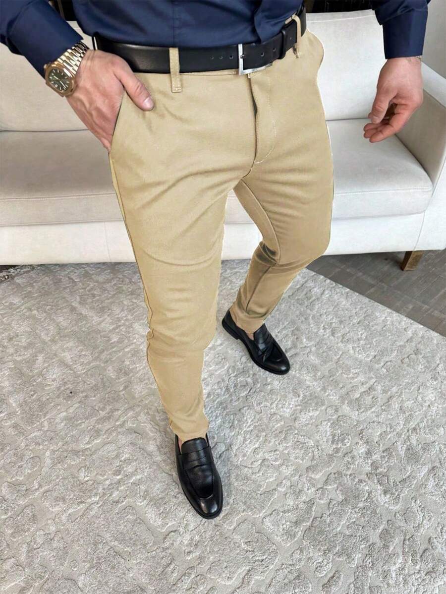 Manfinity Mode Men's Plain Pocket Minimalist Suit Pants, Casual Everyday Wear, Old Money Style