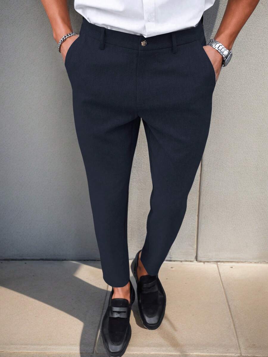 Manfinity Mode Solid Color Slim Fit Suit Pants With Pockets