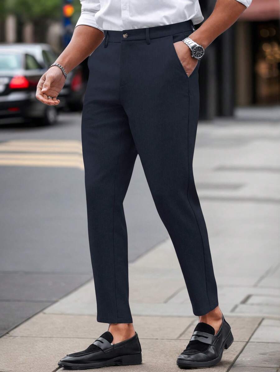 Manfinity Mode Solid Color Slim Fit Suit Pants With Pockets
