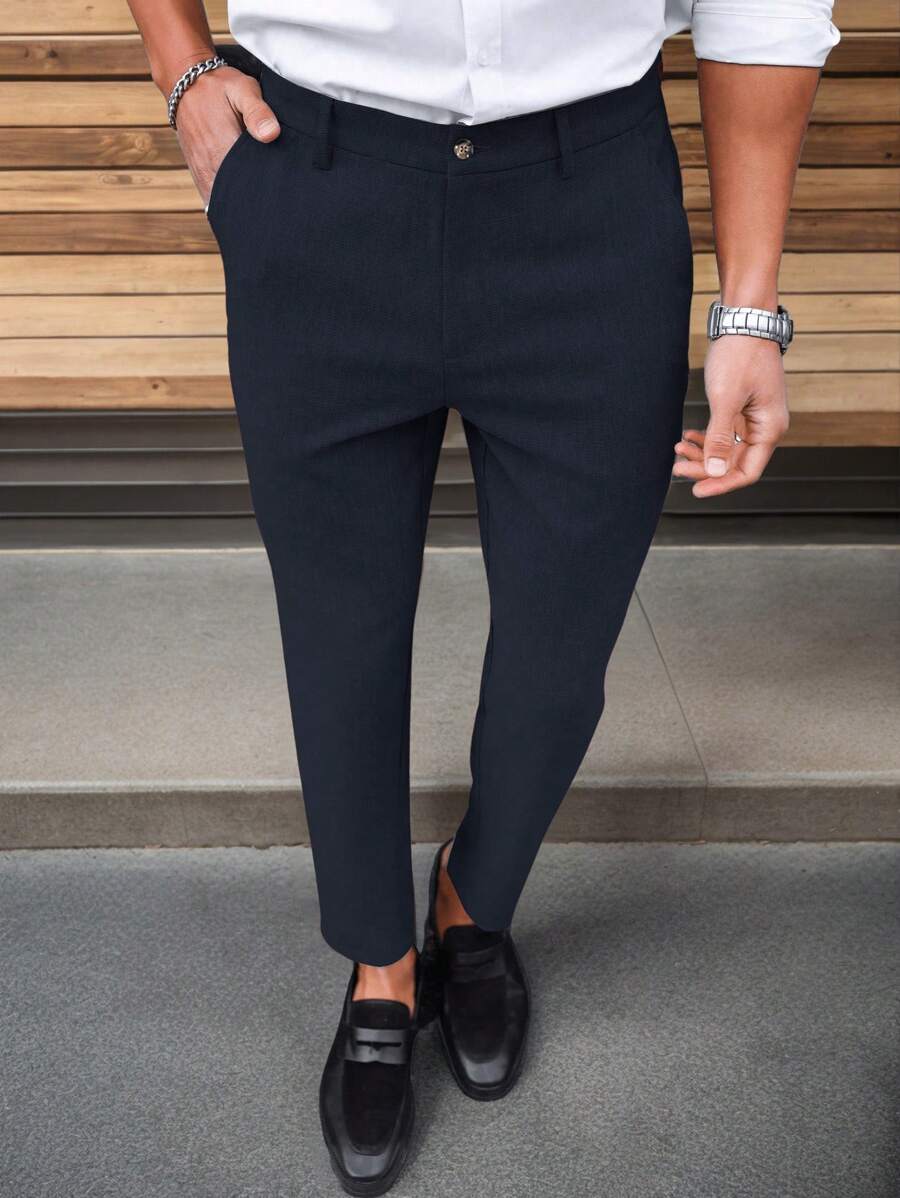 Manfinity Mode Solid Color Slim Fit Suit Pants With Pockets