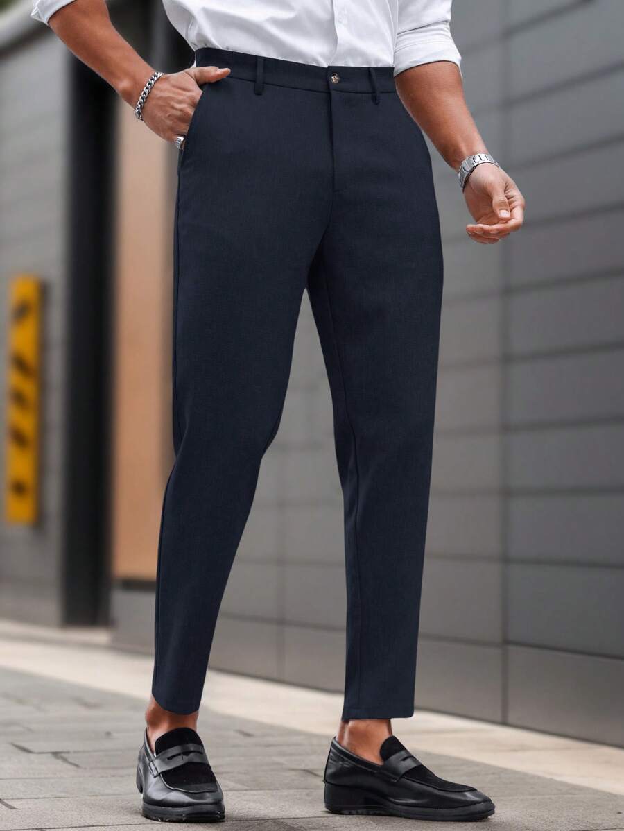 Manfinity Mode Solid Color Slim Fit Suit Pants With Pockets