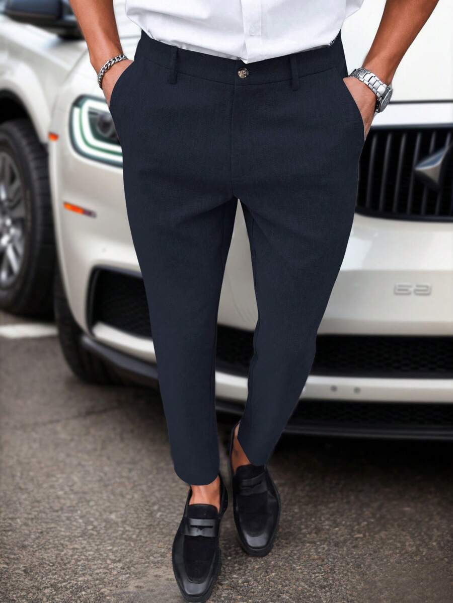 Manfinity Mode Solid Color Slim Fit Suit Pants With Pockets