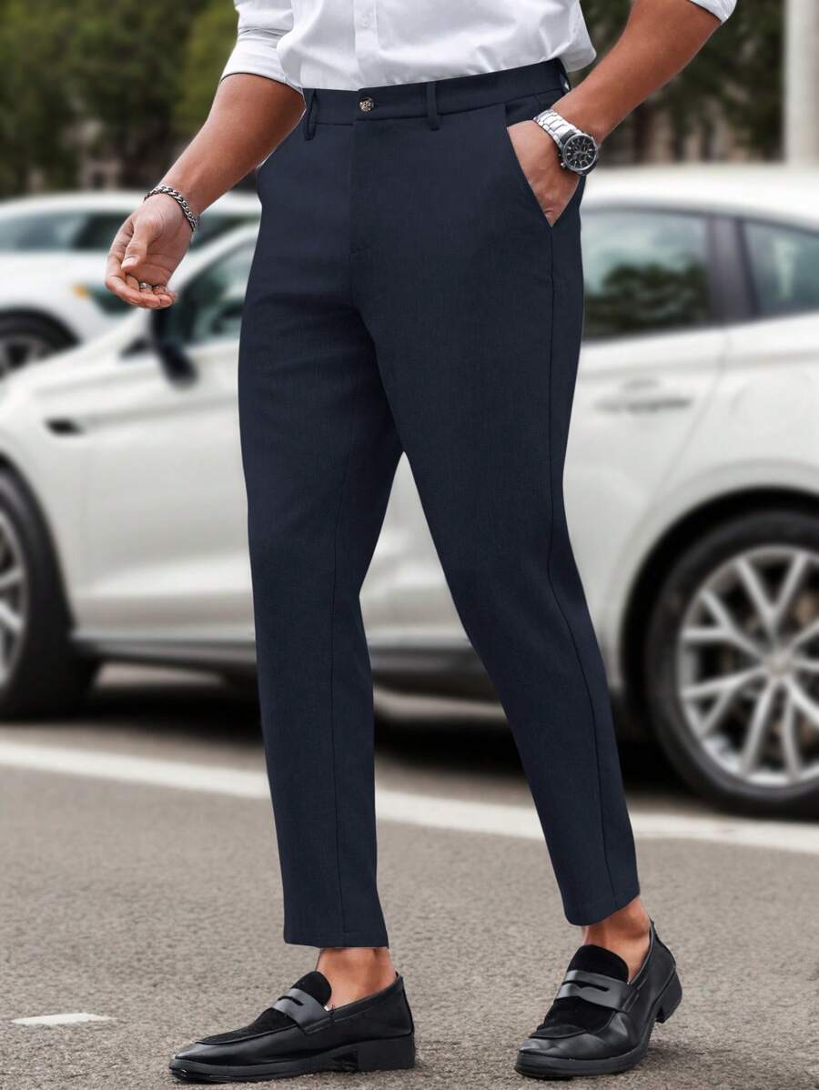 Manfinity Mode Solid Color Slim Fit Suit Pants With Pockets
