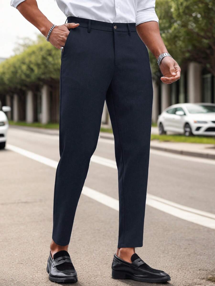 Manfinity Mode Solid Color Slim Fit Suit Pants With Pockets