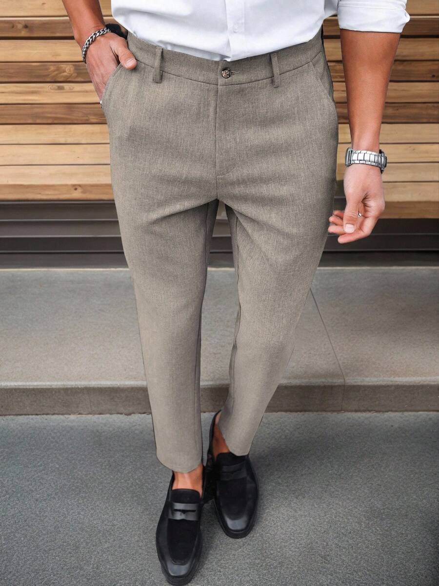 Manfinity Mode Solid Color Slim Fit Suit Pants With Pockets
