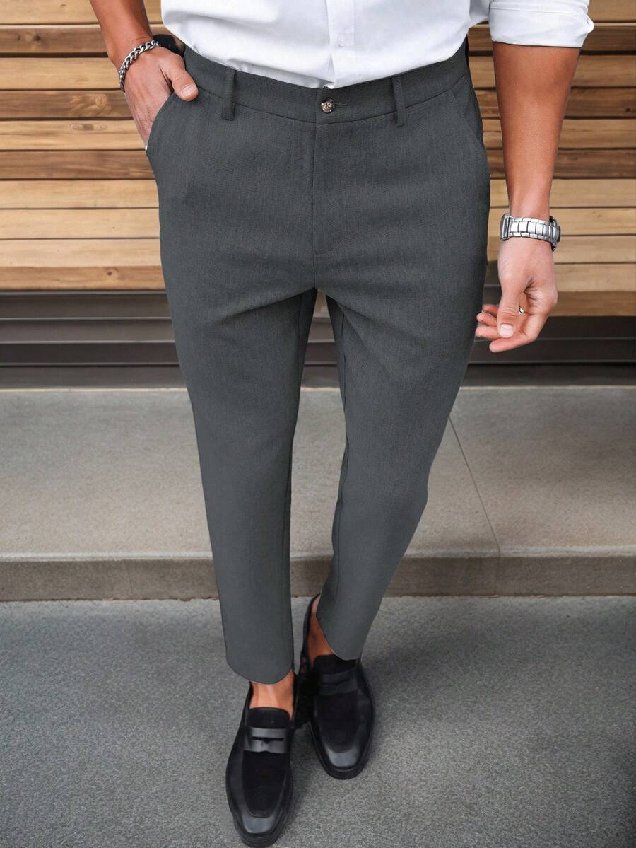 Manfinity Mode Solid Color Slim Fit Suit Pants With Pockets