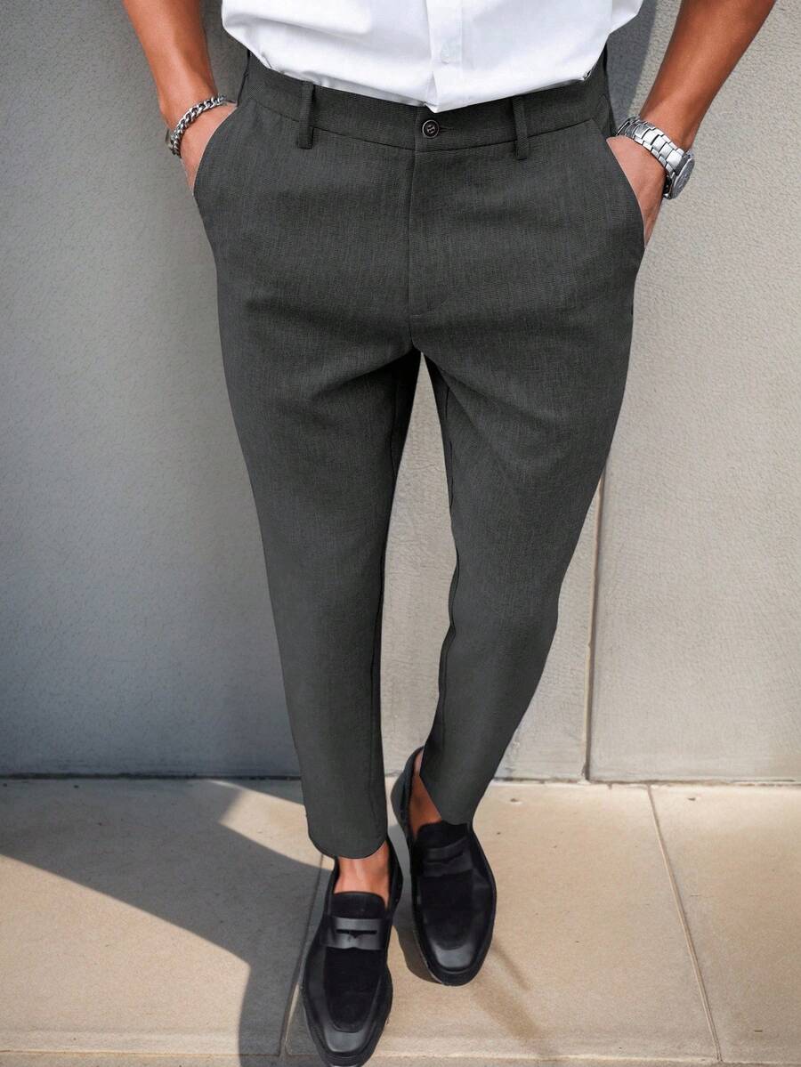 Manfinity Mode Solid Color Slim Fit Suit Pants With Pockets