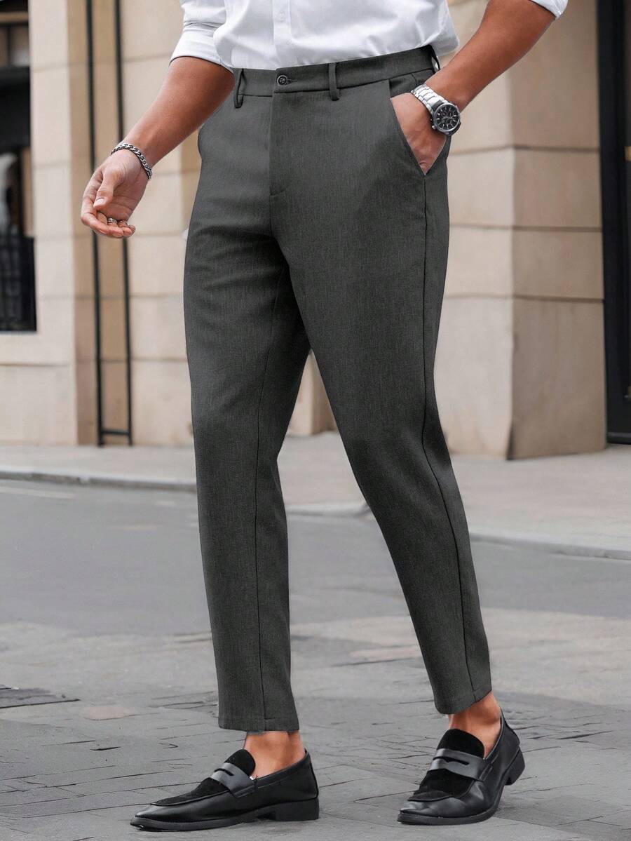 Manfinity Mode Solid Color Slim Fit Suit Pants With Pockets