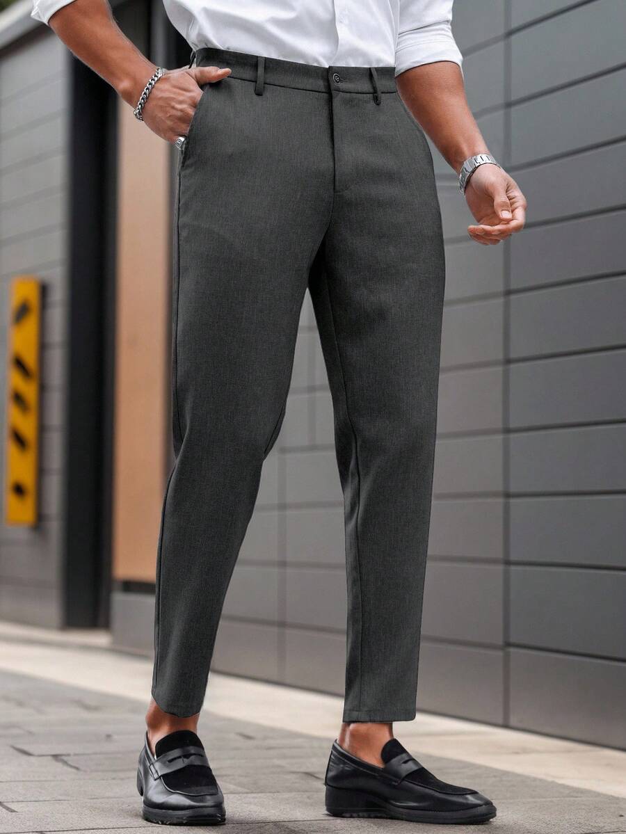 Manfinity Mode Solid Color Slim Fit Suit Pants With Pockets